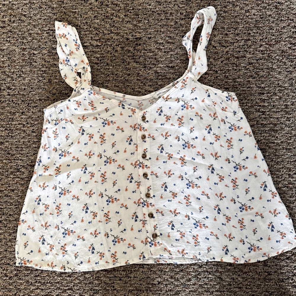 American Eagle Outfitters White and Blue Cropped Tank Top